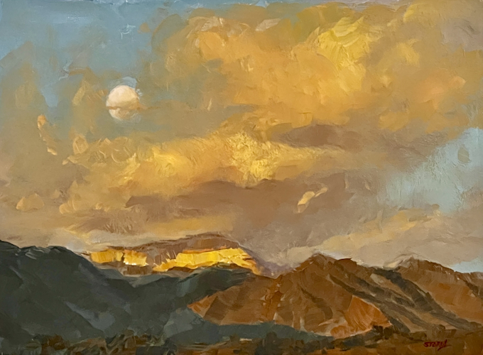 Harvest Moon Over Pikes Peak  9 x 12 $490 at Hunter Wolff Gallery